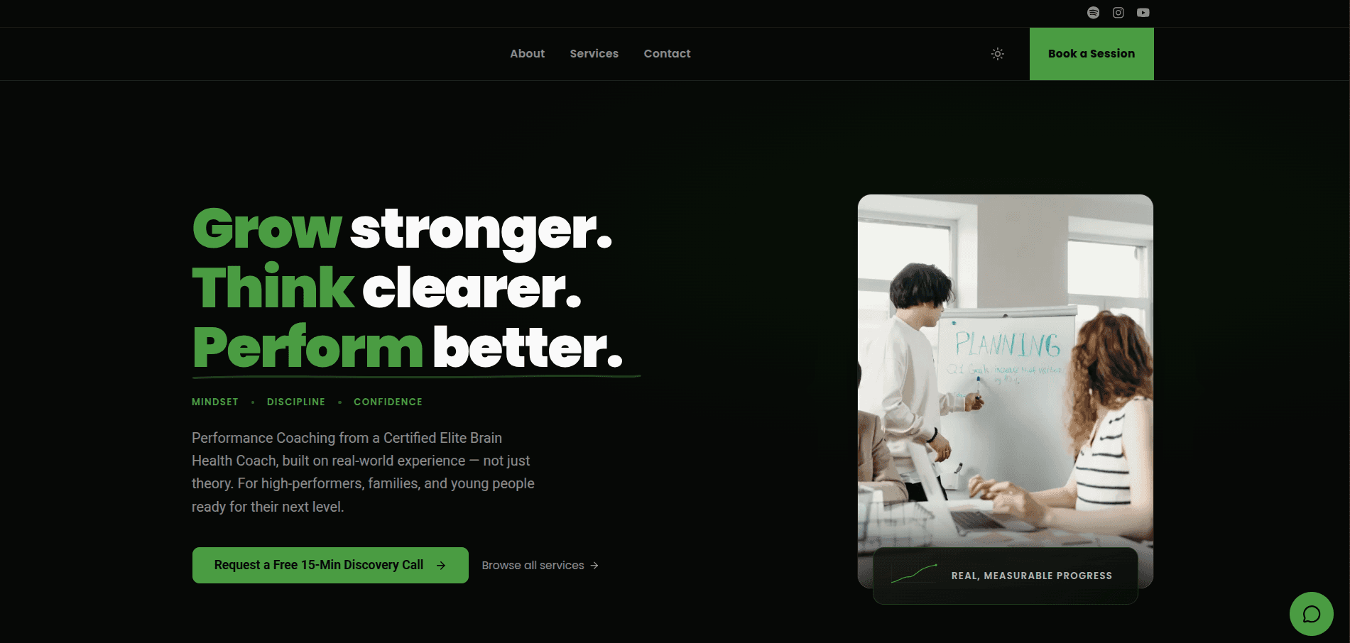 Coaching platform homepage with the hero headline, service tagline, and a Book a Session call to action